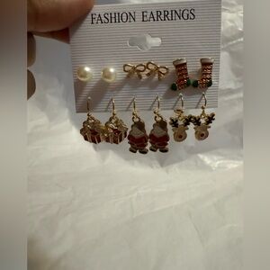Christmas Festive Gold and Red Holiday Dangle and Stud Earrings Set of 6.
